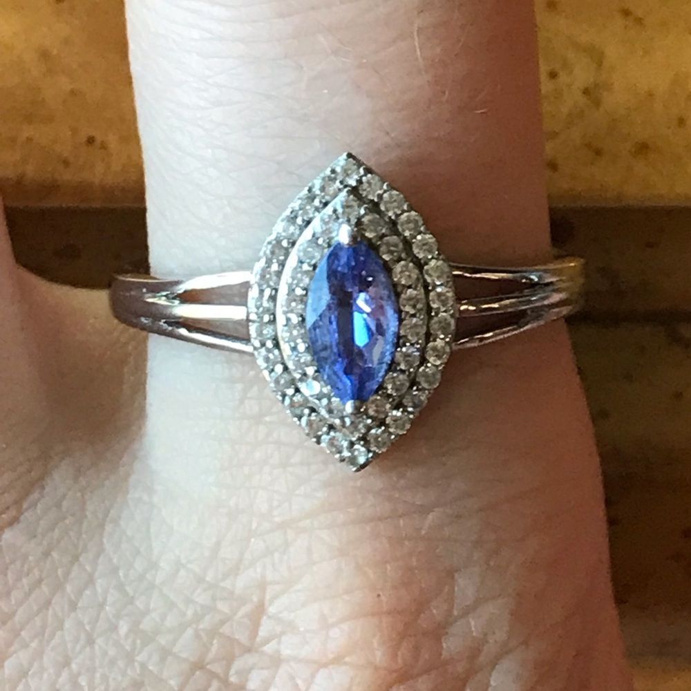 Natural Tanzanite Sterling Silver Double Halo Ring Size 10